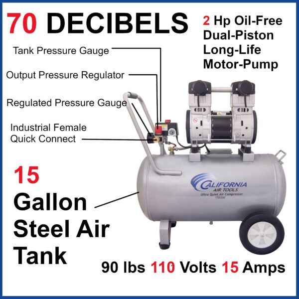 California Air Tools 2.0 Hp, 15.0 Gal. Steel Tank Ultra Quiet & Oil-Free Air Compressor - Image 7