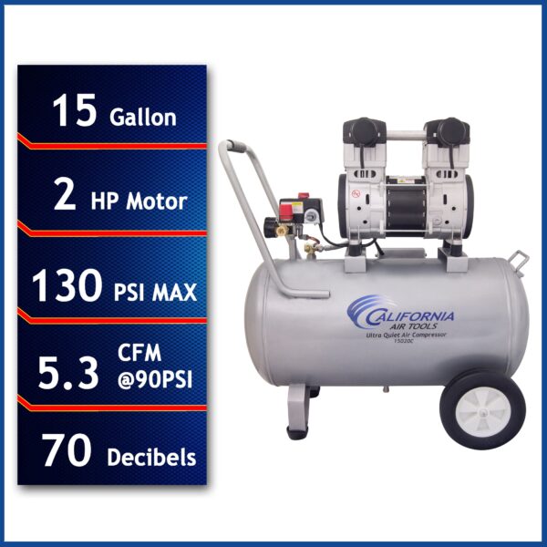 California Air Tools 2.0 Hp, 15.0 Gal. Steel Tank Ultra Quiet  & Oil-Free Air Compressor - Image 3