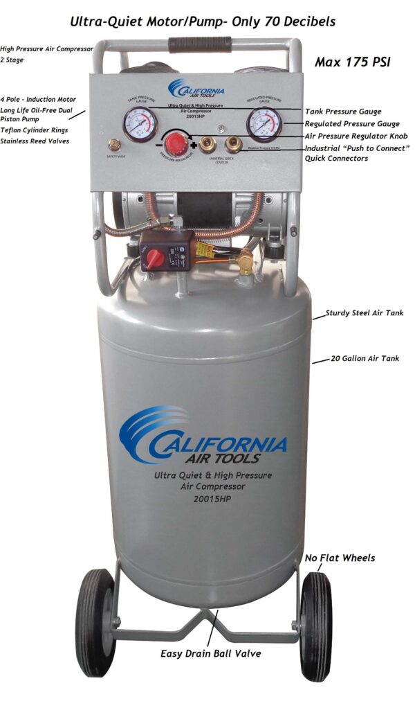 California Air Tools 1.5 Hp, 20 Gal. 175 PSI Two Stage Ultra Quiet & Oil-Free  Air Compressor - Image 3