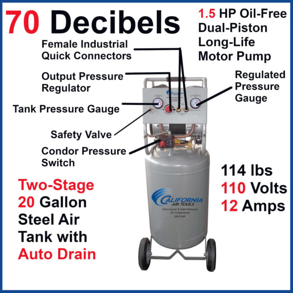 California Air Tools 1,5 Hp, 20 Gal. 175 PSI Two Stage Ultra Quiet & Oil-Free Air Compressor with Automatic Drain Valve - Image 4