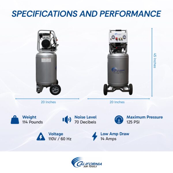 California Air Tools 2.0 Hp, 20.0 Gal. Steel Tank Ultra Quiet & Oil-Free Air Compressor - Image 6