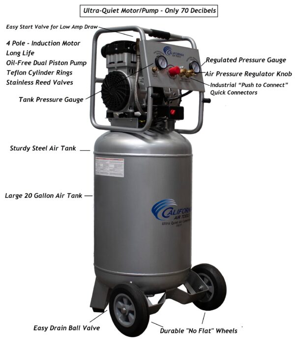 California Air Tools 2.0 Hp, 20.0 Gal. Steel Tank Ultra Quiet & Oil-Free Air Compressor  (220 V 60 Hz) - Image 3