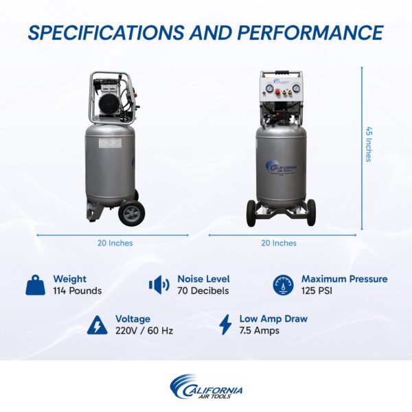 California Air Tools 2.0 Hp, 20.0 Gal. Steel Tank Ultra Quiet & Oil-Free Air Compressor  (220 V 60 Hz) - Image 7