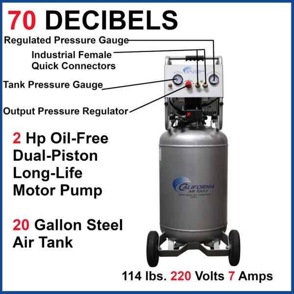 California Air Tools 2.0 Hp, 20.0 Gal. Steel Tank Ultra Quiet & Oil-Free Air Compressor  (220 V 60 Hz) - Image 11