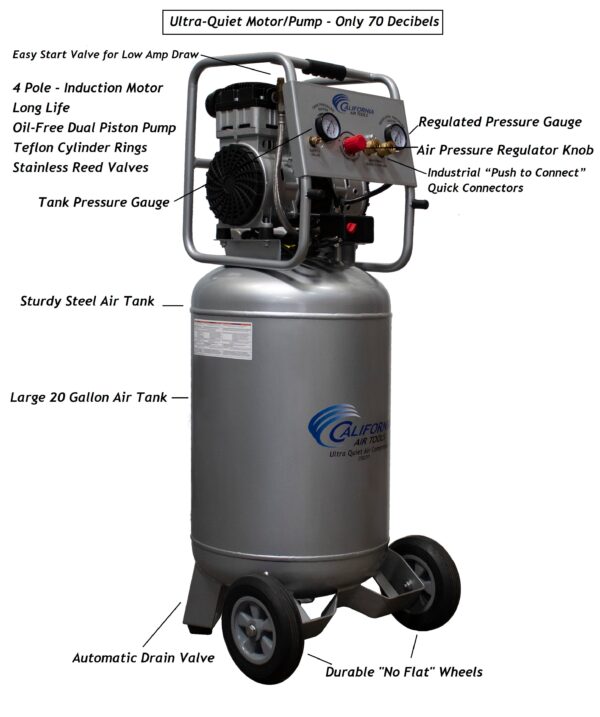 California Air Tools 2.0 Hp, 20.0 Gal. Steel Tank Ultra Quiet & Oil-Free Air Compressor with Auto Drain 220 Volts 60 Hertz - Image 5