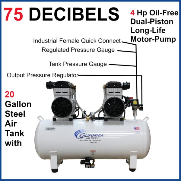 California Air Tools 4.0 Hp, 20.0 Gal. Steel Tank Ultra Quiet & Oil-Free Air Compressor - Image 2