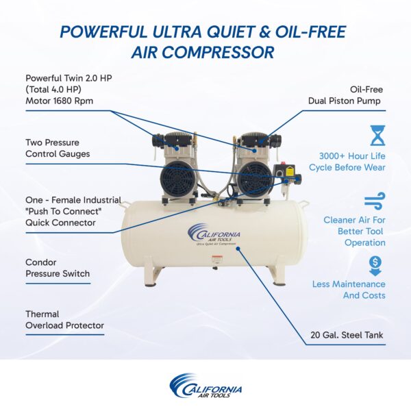California Air Tools 4.0 Hp, 20.0 Gal. Steel Tank Ultra Quiet & Oil-Free Air Compressor - Image 4