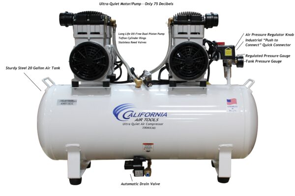 California Air Tools 4.0 Hp, 20.0 Gal. Steel Tank Ultra Quiet & Oil-Free Air Compressor with Auto Drain Valve - Image 2