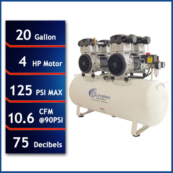 California Air Tools 4.0 Hp, 20.0 Gal. Steel Tank Ultra Quiet & Oil-Free Air Compressor with Auto Drain Valve - Image 5