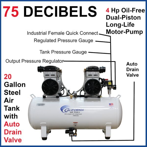 California Air Tools 4.0 Hp, 20.0 Gal. Steel Tank Ultra Quiet & Oil-Free Air Compressor with Auto Drain Valve - Image 7