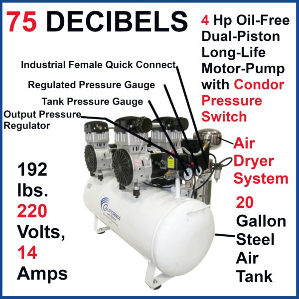 California Air Tools 4.0 Hp, 20.0 Gal. Steel Tank Air Ultra Quiet, Ultra Dry Oil-Free Compressor with Air Drying System & Auto Drain - Image 9