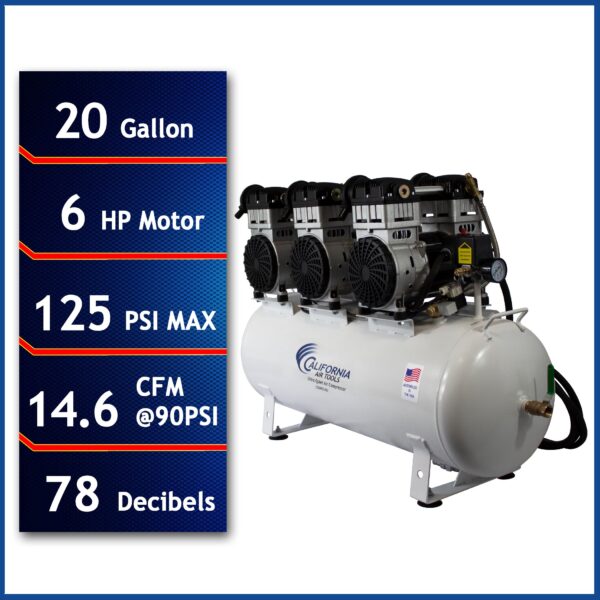 California Air Tools 6.0 Hp, 20.0 Gal. Steel Tank Ultra Quiet & Oil-Free Air Compressor with Auto Drain Valve - Image 6