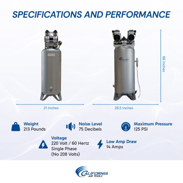 California Air Tools 4.0 Hp, 60.0 Gal. Steel Tank Ultra Quiet & Oil-Free Air Compressor Automatic Drain Valve - Image 4