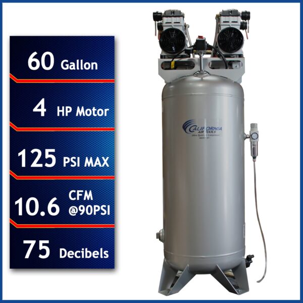 California Air Tools 4.0 Hp, 60.0 Gal. Steel Tank Ultra Quiet & Oil-Free Air Compressor Automatic Drain Valve - Image 8