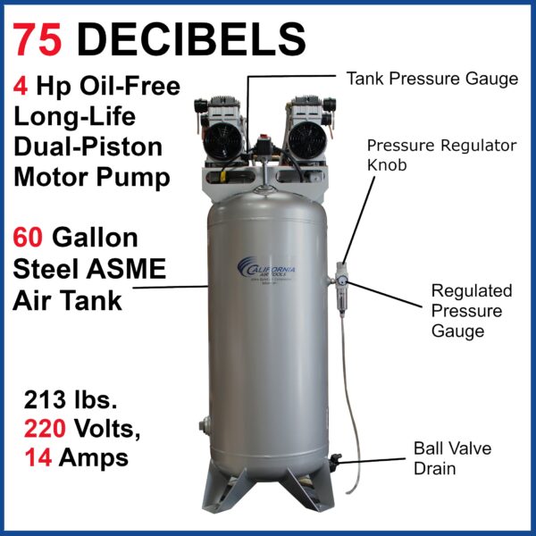 California Air Tools 4.0 Hp, 60.0 Gal. Steel Tank Ultra Quiet & Oil-Free Air Compressor Automatic Drain Valve - Image 12