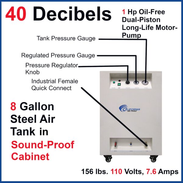 California Air Tools 1.0 Hp 8.0 Gal. Steel Tank Ultra Quiet & Oil-Free Air Compressor in Sound Proof Cabinet - Image 9