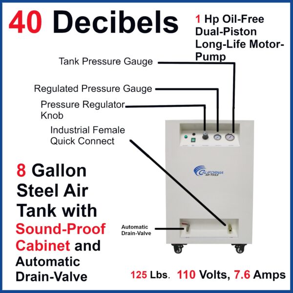 California Air Tools Ultra Quiet & Oil-Free 1.0 Hp 8.0 Gal. Steel Tank Air Compressor in Sound Proof Cabinet - Image 5