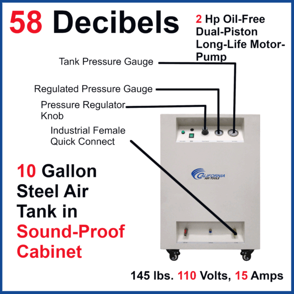 California Air Tools 2.0 Hp 10.0 Gal. Steel Tank Ultra Quiet & Oil-Free Air Compressor in Sound Proof Cabinet - Image 8
