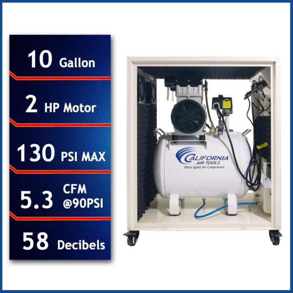 California Air Tools 2.0 Hp 10.0 Gal. Steel Tank Ultra Quiet & Oil-Free Air Compressor in Sound Proof Cabinet - Image 10