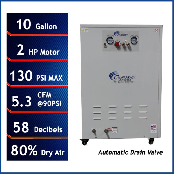 California Air Tools 2.0 Hp 10.0 Gal. Ultra Quiet & Oil-Free Air Compressor with Air Dryer in Sound Proof Cabinet - Image 4