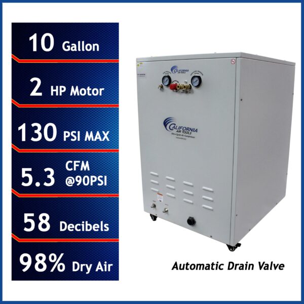 California Air Tools 10 Gal. 2.0 Hp Ultra Quiet & Oil-Free Air Compressor with 98% Air Drying System and Automatic Drain in Sound Proof Cabinet - Image 6