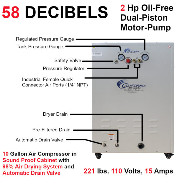 California Air Tools 10 Gal. 2.0 Hp Ultra Quiet & Oil-Free Air Compressor with 98% Air Drying System and Automatic Drain in Sound Proof Cabinet - Image 10