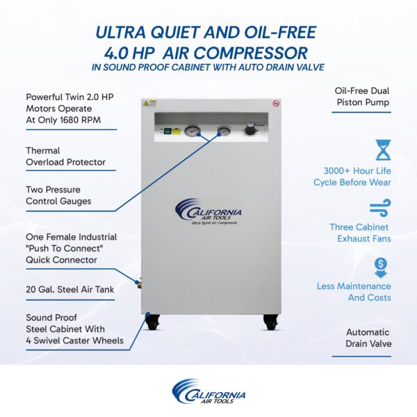 California Air Tools 4.0 Hp, 20.0 Gal. Ultra Quiet & Oil-Free Air Compressor with Auto Drain Valve in Sound Proof Cabinet - Image 4