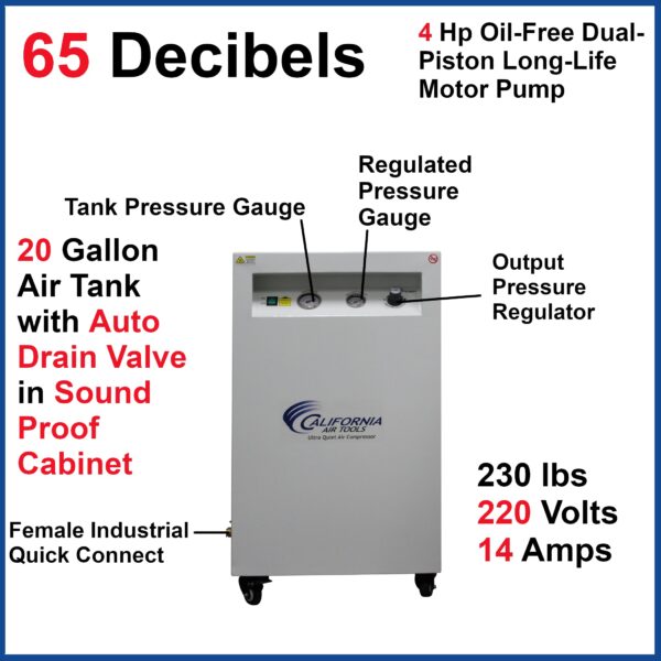 California Air Tools 4.0 Hp, 20.0 Gal. Ultra Quiet & Oil-Free Air Compressor with Auto Drain Valve in Sound Proof Cabinet - Image 10