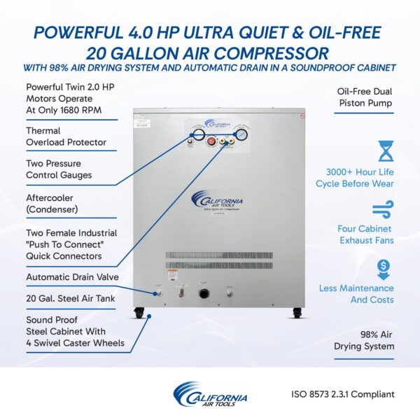California Air Tools 4.0 Hp, 20.0 Gal. Ultra Quiet & Oil-Free Air Compressor with Air Drying System & Auto Drain in Cabinet - Image 6