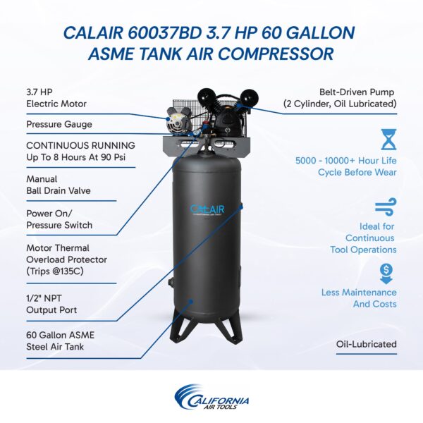 CALAIR 60 Gal 3.7 hp One-Stage Oil-Lubricated Belt Driven Air Compressor by California Air Tools - Image 3