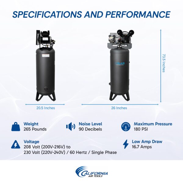 CALAIR 60 Gal 3.7 hp One-Stage Oil-Lubricated Belt Driven Air Compressor by California Air Tools - Image 16