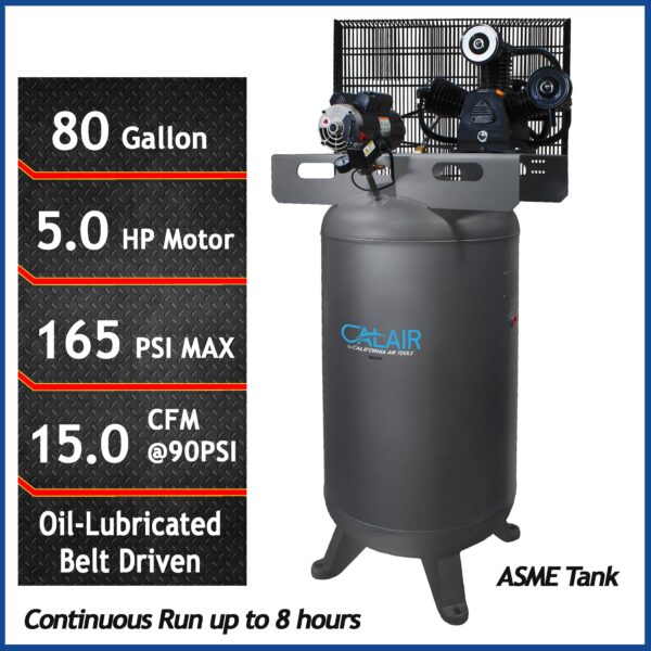 CALAIR 80 Gal 5.0 hp One-Stage Oil-Lubricated Belt Driven Air Compressor by California Air Tools - Image 2