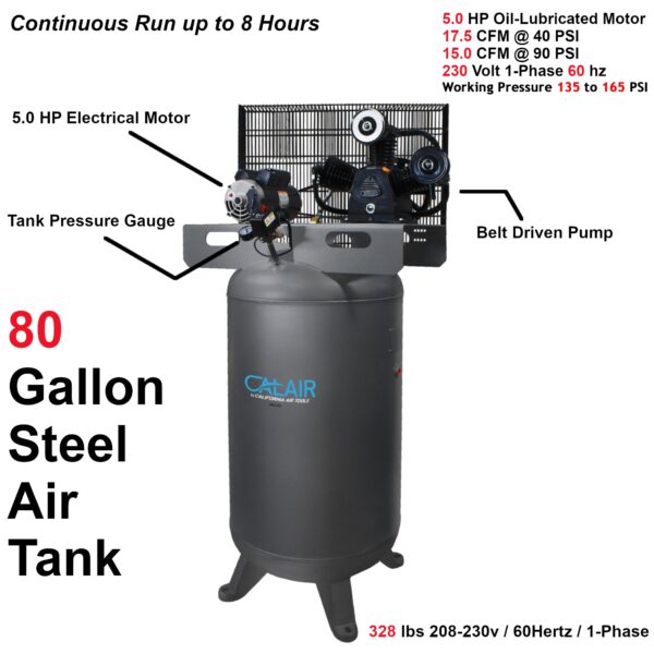 CALAIR 80 Gal 5.0 hp One-Stage Oil-Lubricated Belt Driven Air Compressor by California Air Tools - Image 6