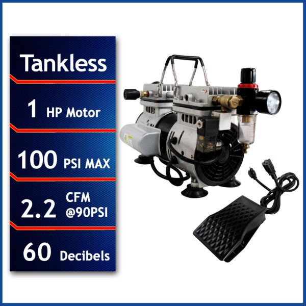 California Air Tools 1.0 Hp Tankless Ultra Quiet & Oil-Free Air Compressor with Power Pedal - Image 3