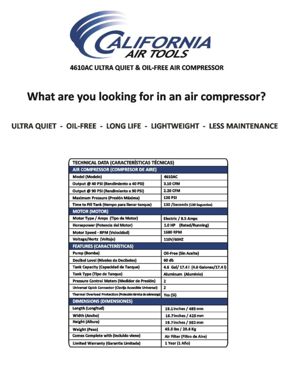 California Air Tools 1.0 Hp, 4.6 Gal. Portable Aluminum Twin Tank Ultra Quiet & Oil-Free Air Compressor - Image 12