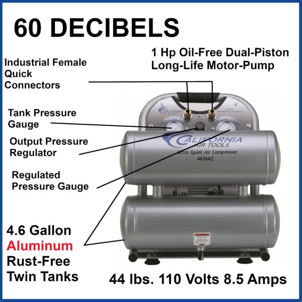 California Air Tools 1.0 Hp, 4.6 Gal. Portable Aluminum Twin Tank Ultra Quiet & Oil-Free Air Compressor - Image 13