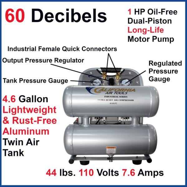 California Air Tools 1.0 Hp, 4.6 Gal. Aluminum Twin Tank Ultra Quiet & Oil-Free Air Compressor - Image 7