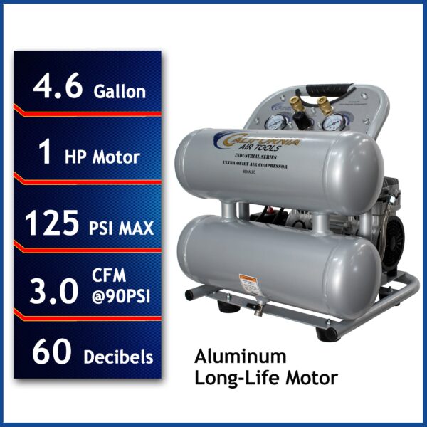 California Air Tools 1.0 Hp, 4.6 Gal. Aluminum Twin Tank Ultra Quiet & Oil-Free Air Compressor - Image 8