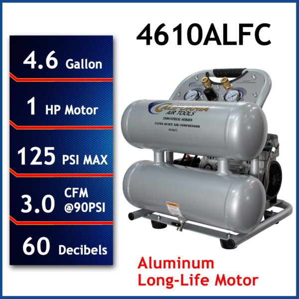California Air Tools 1.0 Hp, 4.6 Gal. Aluminum Twin Tank Ultra Quiet & Oil-Free Air Compressor - Image 9
