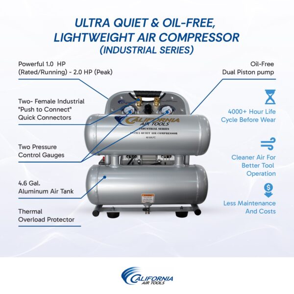 California Air Tools 1.0 Hp, 4.6 Gal. Aluminum Twin Tank Ultra Quiet & Oil-Free Air Compressor - Image 10