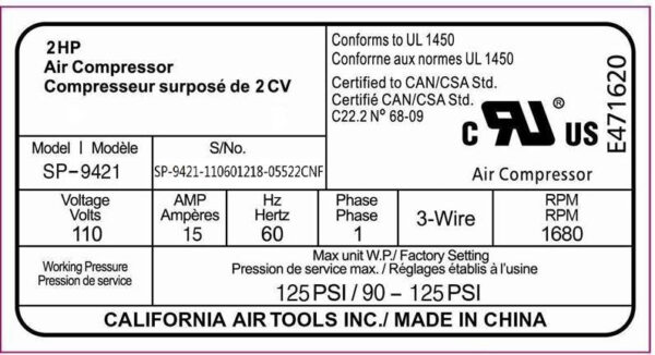 California Air Tools 2.0 Hp Ultra Quiet & Oil-Free Air Compressor Motor - Image 6
