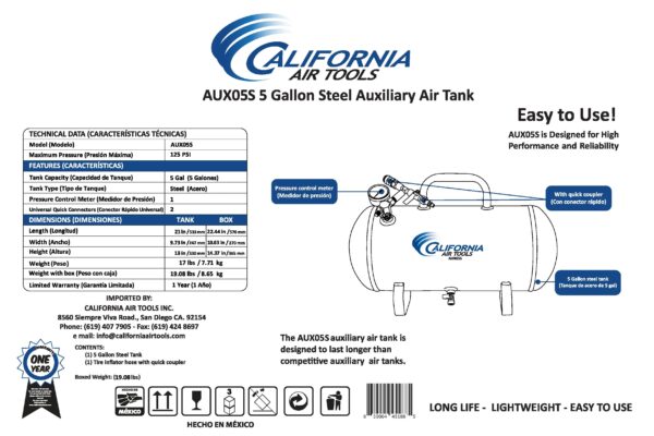 California Air Tools Portable 5 Gallon Steel Air Tank - Image 3