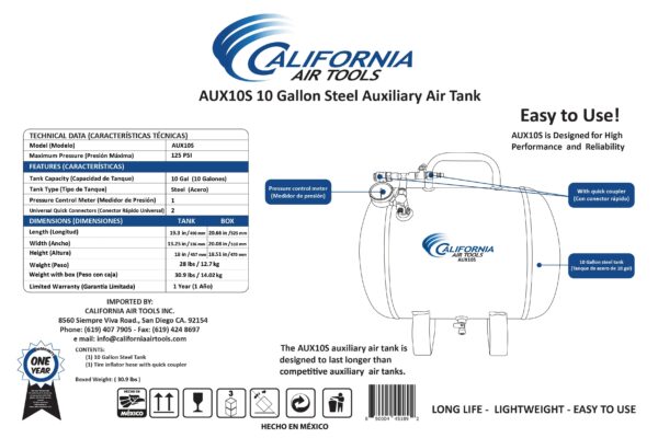 California Air Tools Portable 10 Gallon Steel Air Tank - Image 2